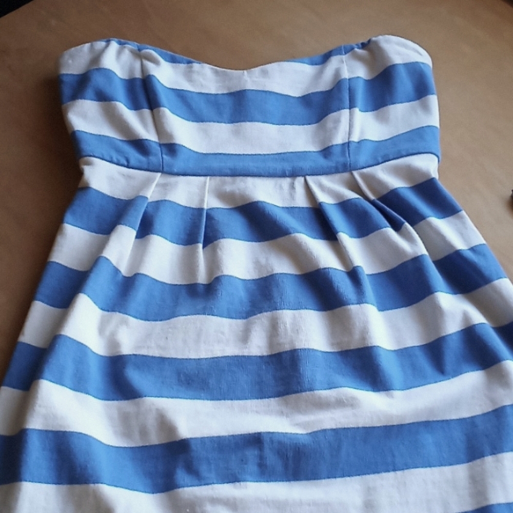 J Crew Strapless Blue and Cream Short Dress